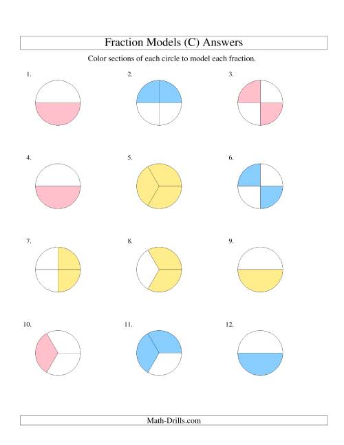 The Modeling Fractions with Circles by Coloring -- Halves,  Thirds and Quarters (C) Math Worksheet Page 2