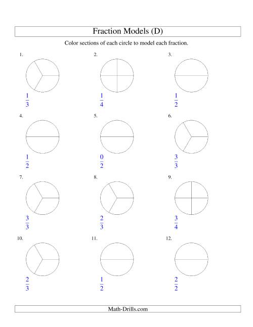 The Modeling Fractions with Circles by Coloring -- Halves,  Thirds and Quarters (D) Math Worksheet