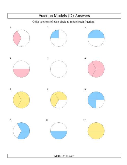 The Modeling Fractions with Circles by Coloring -- Halves,  Thirds and Quarters (D) Math Worksheet Page 2