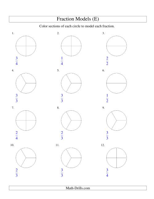 The Modeling Fractions with Circles by Coloring -- Halves,  Thirds and Quarters (E) Math Worksheet