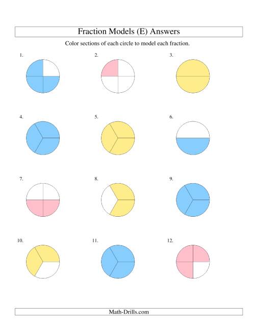 The Modeling Fractions with Circles by Coloring -- Halves,  Thirds and Quarters (E) Math Worksheet Page 2