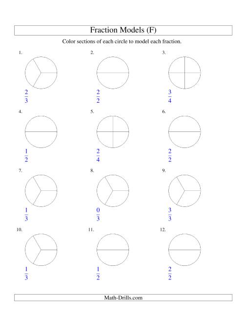The Modeling Fractions with Circles by Coloring -- Halves,  Thirds and Quarters (F) Math Worksheet