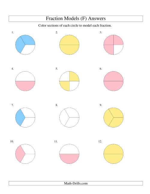 The Modeling Fractions with Circles by Coloring -- Halves,  Thirds and Quarters (F) Math Worksheet Page 2