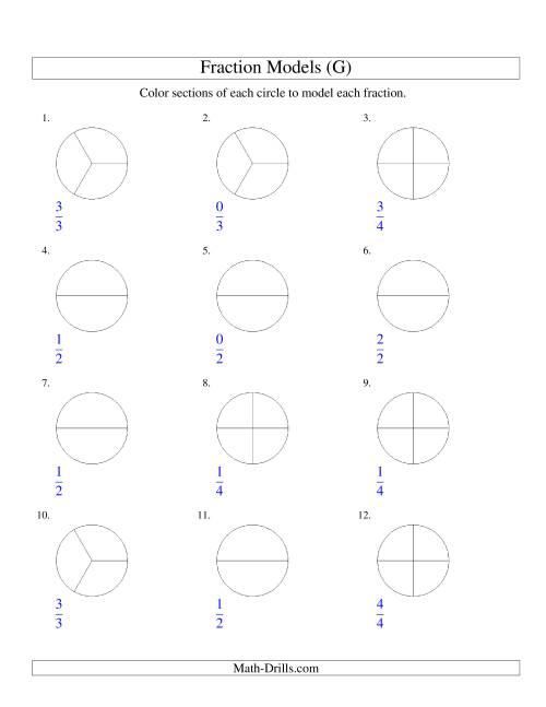 The Modeling Fractions with Circles by Coloring -- Halves,  Thirds and Quarters (G) Math Worksheet