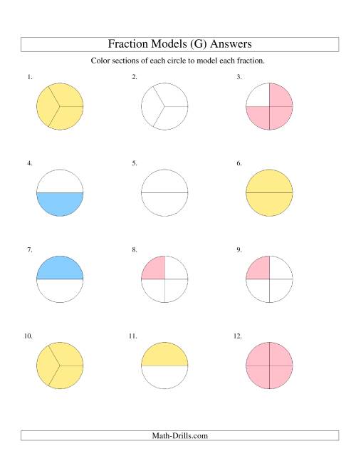 The Modeling Fractions with Circles by Coloring -- Halves,  Thirds and Quarters (G) Math Worksheet Page 2