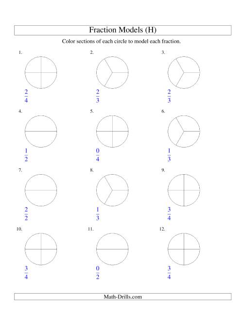 The Modeling Fractions with Circles by Coloring -- Halves,  Thirds and Quarters (H) Math Worksheet