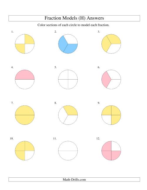 The Modeling Fractions with Circles by Coloring -- Halves,  Thirds and Quarters (H) Math Worksheet Page 2