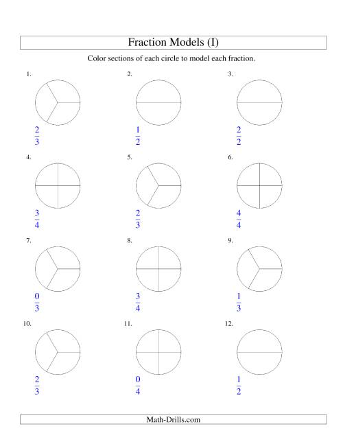 The Modeling Fractions with Circles by Coloring -- Halves,  Thirds and Quarters (I) Math Worksheet