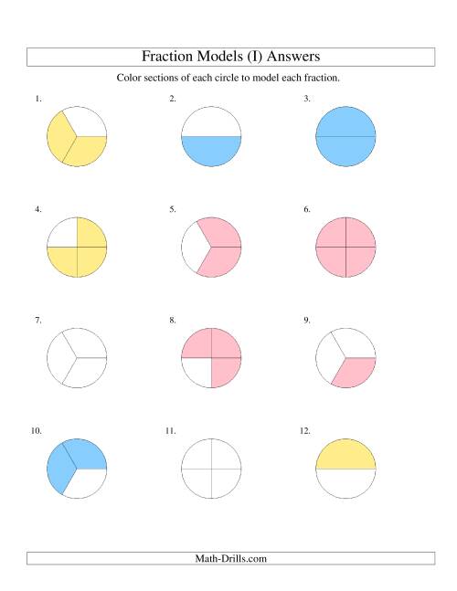 The Modeling Fractions with Circles by Coloring -- Halves,  Thirds and Quarters (I) Math Worksheet Page 2