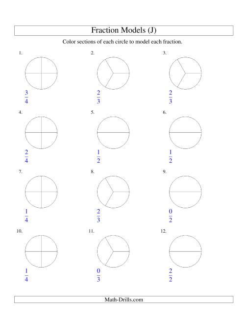 The Modeling Fractions with Circles by Coloring -- Halves,  Thirds and Quarters (J) Math Worksheet