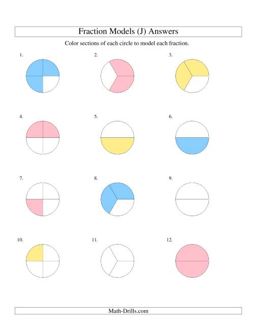 The Modeling Fractions with Circles by Coloring -- Halves,  Thirds and Quarters (J) Math Worksheet Page 2