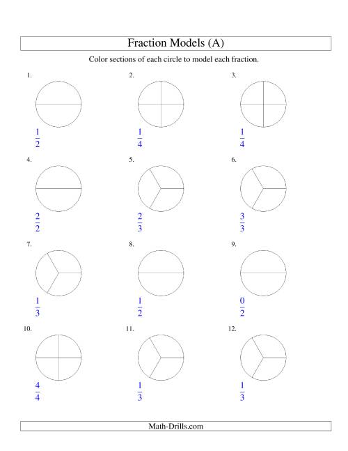 The Modeling Fractions with Circles by Coloring -- Halves,  Thirds and Quarters (All) Math Worksheet