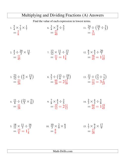 The Multiplying and Dividing Fractions with Three Terms (A) Math Worksheet Page 2