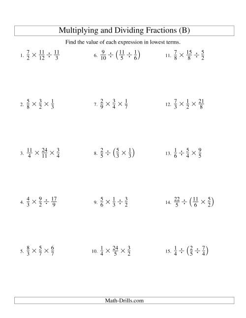The Multiplying and Dividing Fractions with Three Terms (B) Math Worksheet