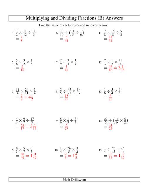 The Multiplying and Dividing Fractions with Three Terms (B) Math Worksheet Page 2