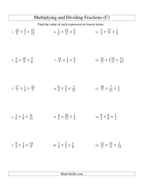 The Multiplying and Dividing Fractions with Three Terms (C) Math Worksheet
