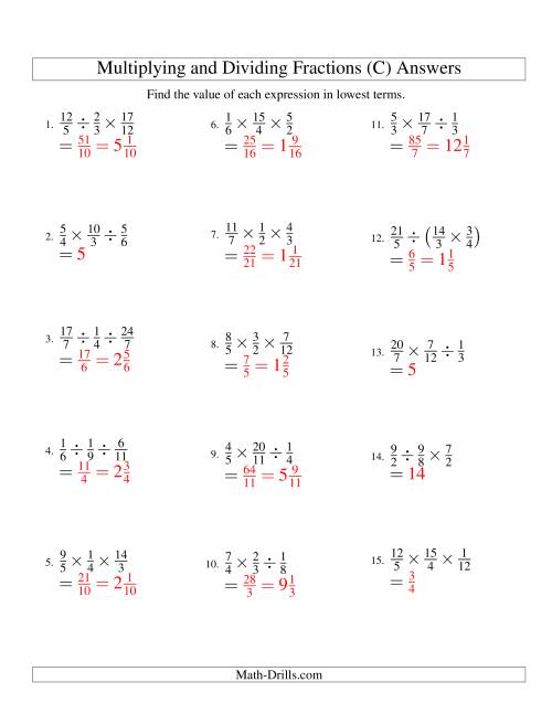 The Multiplying and Dividing Fractions with Three Terms (C) Math Worksheet Page 2