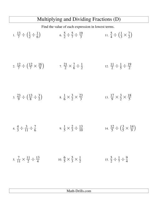 The Multiplying and Dividing Fractions with Three Terms (D) Math Worksheet