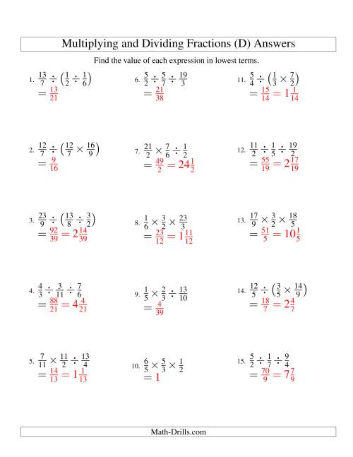 The Multiplying and Dividing Fractions with Three Terms (D) Math Worksheet Page 2