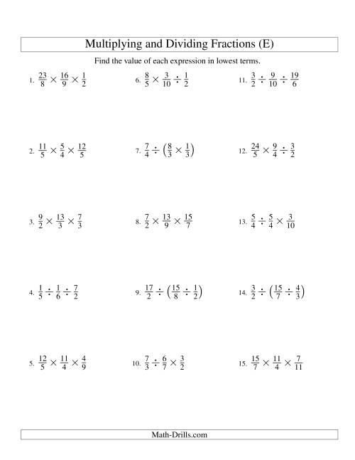 The Multiplying and Dividing Fractions with Three Terms (E) Math Worksheet
