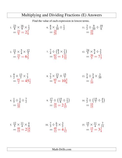 The Multiplying and Dividing Fractions with Three Terms (E) Math Worksheet Page 2