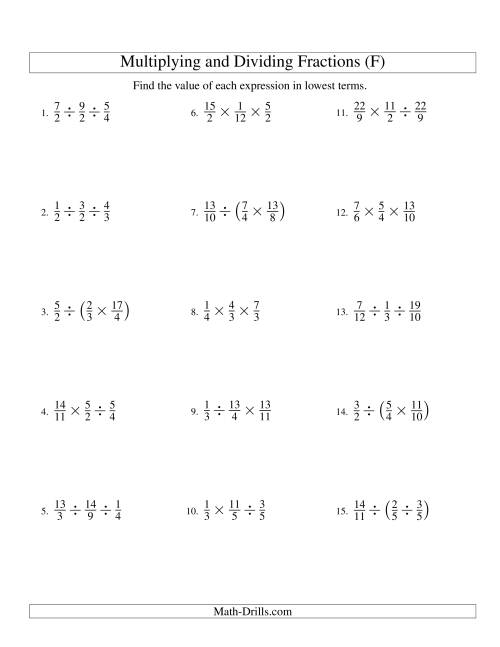 The Multiplying and Dividing Fractions with Three Terms (F) Math Worksheet