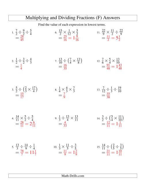 The Multiplying and Dividing Fractions with Three Terms (F) Math Worksheet Page 2