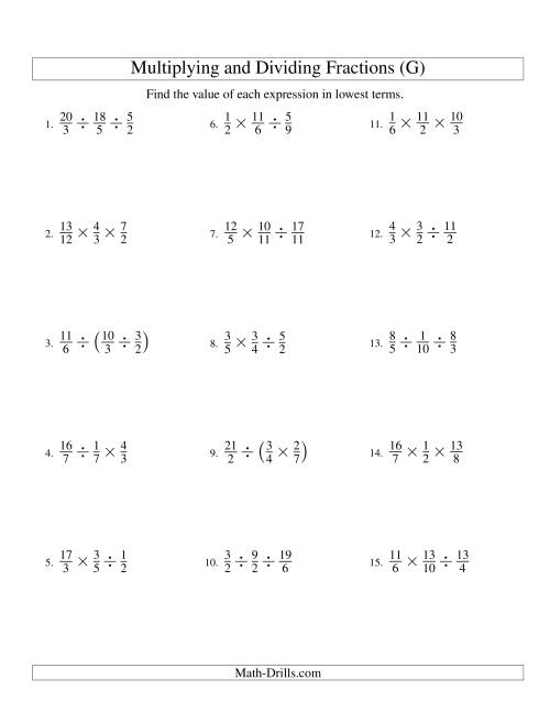 The Multiplying and Dividing Fractions with Three Terms (G) Math Worksheet