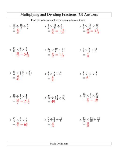 The Multiplying and Dividing Fractions with Three Terms (G) Math Worksheet Page 2