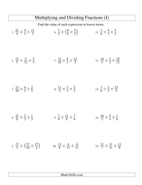 The Multiplying and Dividing Fractions with Three Terms (I) Math Worksheet