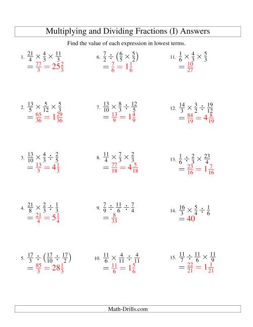 The Multiplying and Dividing Fractions with Three Terms (I) Math Worksheet Page 2