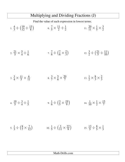 The Multiplying and Dividing Fractions with Three Terms (J) Math Worksheet