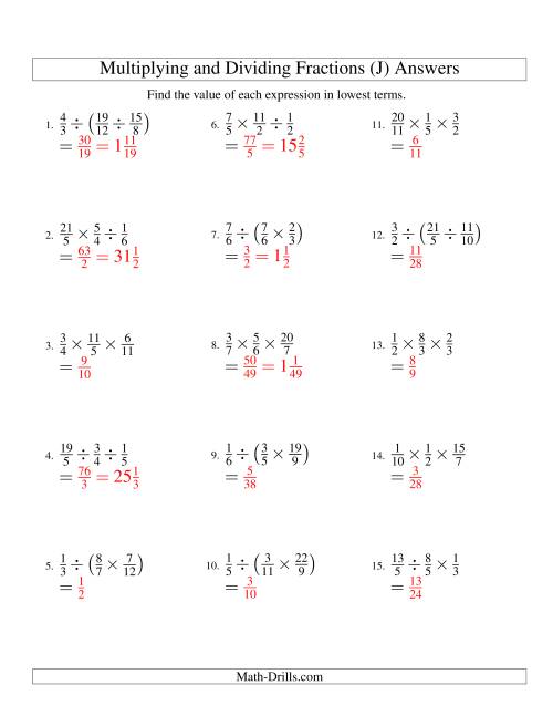 The Multiplying and Dividing Fractions with Three Terms (J) Math Worksheet Page 2