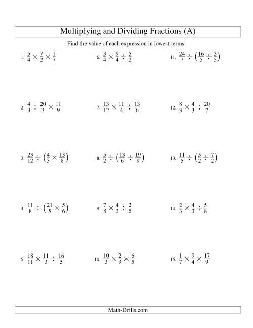 The Multiplying and Dividing Fractions with Three Terms (All) Math Worksheet