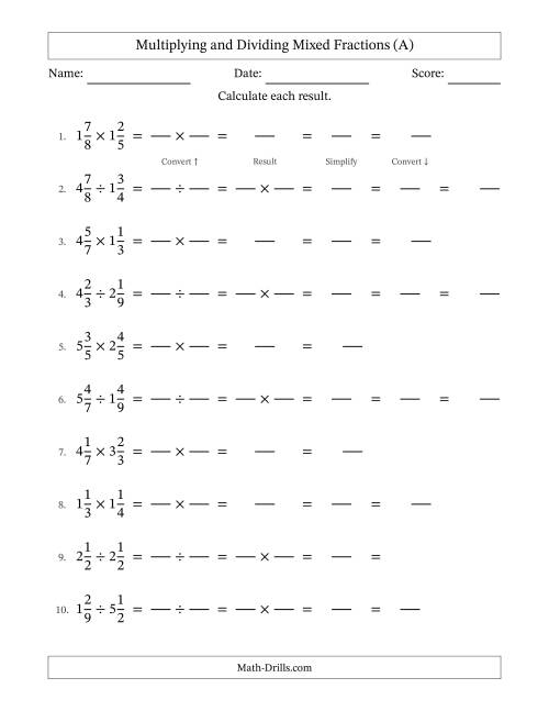 The Multiplying and Dividing Mixed Fractions (A) Math Worksheet