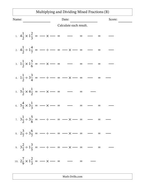 The Multiplying and Dividing Mixed Fractions (B) Math Worksheet