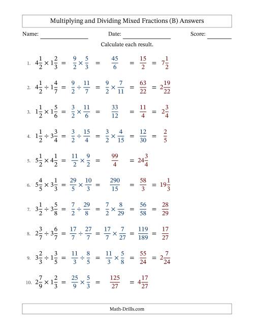 The Multiplying and Dividing Mixed Fractions (B) Math Worksheet Page 2