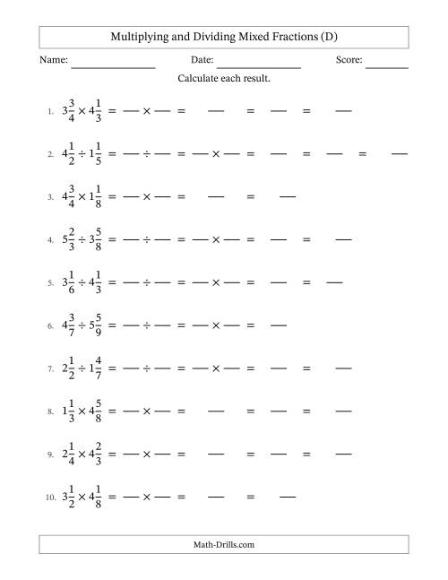 The Multiplying and Dividing Mixed Fractions (D) Math Worksheet