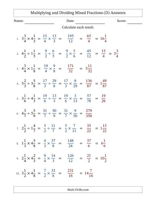 The Multiplying and Dividing Mixed Fractions (D) Math Worksheet Page 2