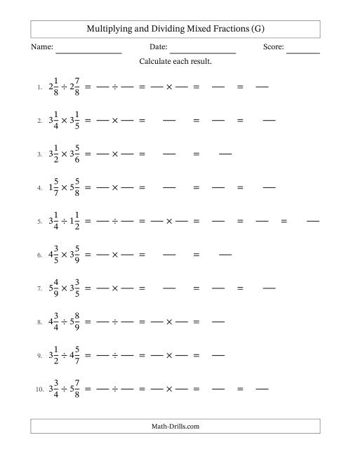 The Multiplying and Dividing Mixed Fractions (G) Math Worksheet