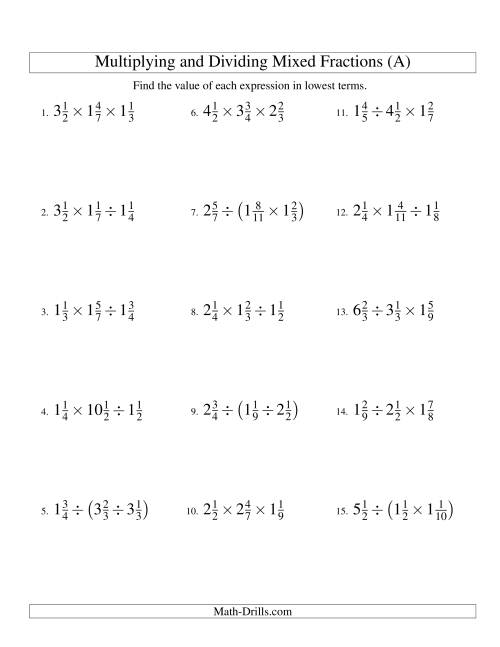 The Multiplying and Dividing Mixed Fractions with Three Terms (A) Math Worksheet