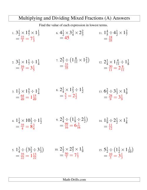 The Multiplying and Dividing Mixed Fractions with Three Terms (A) Math Worksheet Page 2