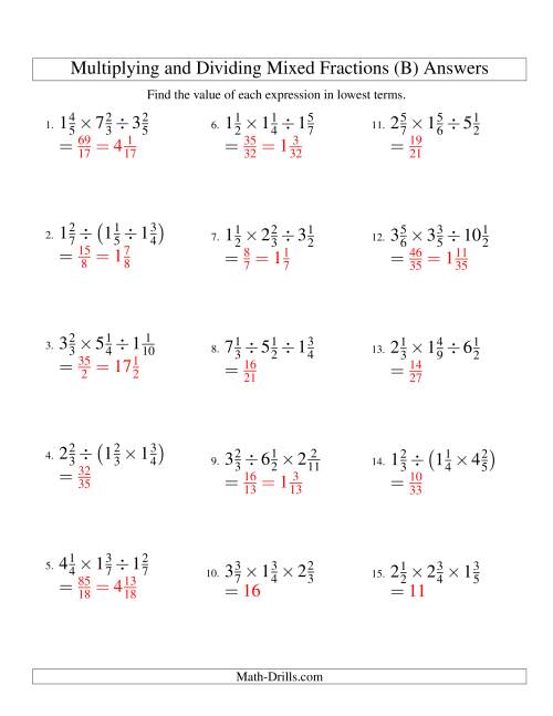 The Multiplying and Dividing Mixed Fractions with Three Terms (B) Math Worksheet Page 2
