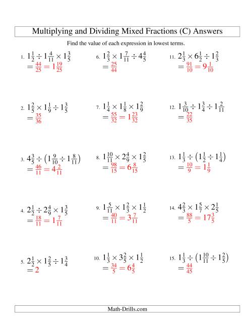 The Multiplying and Dividing Mixed Fractions with Three Terms (C) Math Worksheet Page 2