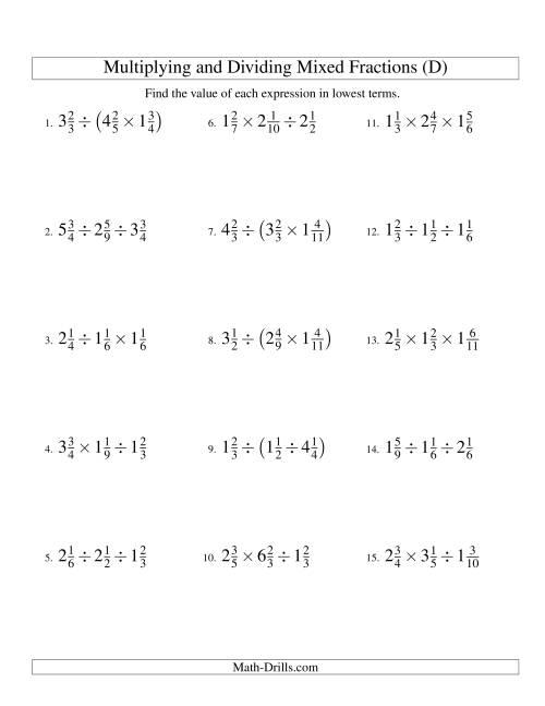 The Multiplying and Dividing Mixed Fractions with Three Terms (D) Math Worksheet