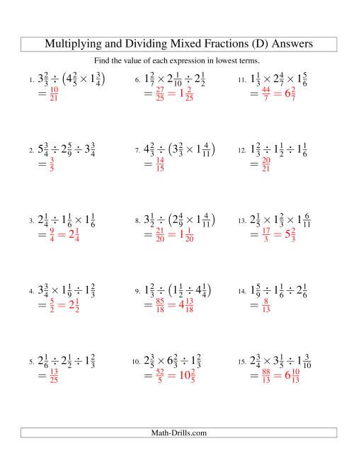 The Multiplying and Dividing Mixed Fractions with Three Terms (D) Math Worksheet Page 2