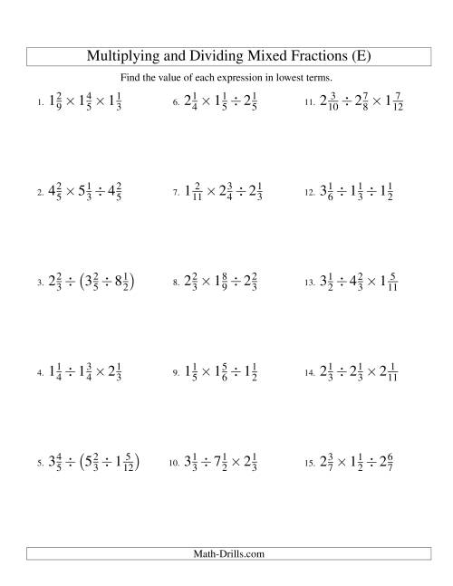 The Multiplying and Dividing Mixed Fractions with Three Terms (E) Math Worksheet