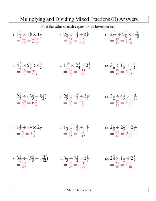 The Multiplying and Dividing Mixed Fractions with Three Terms (E) Math Worksheet Page 2
