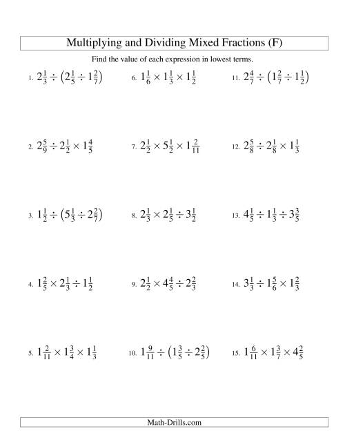 The Multiplying and Dividing Mixed Fractions with Three Terms (F) Math Worksheet
