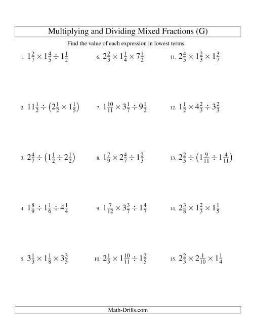 The Multiplying and Dividing Mixed Fractions with Three Terms (G) Math Worksheet